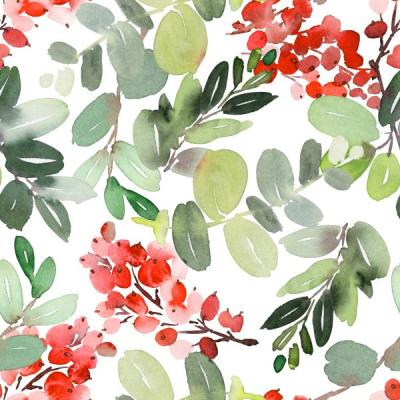 Seamless watercolor Christmas pattern with berries and spruce