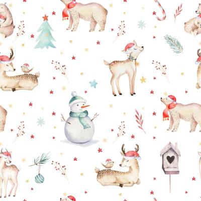 Watercolor seamless pattern with cute baby bear, snowman, bird and deer cartoon animal portrait design. Winter holiday card on white. New year decoration, merry christmas element